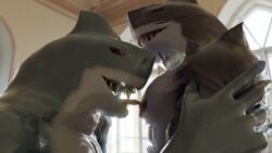 3d anthro gay king_shark licking licking_nipple muscular muscular_male pecs pecs_touching shark_humanoid shark_teeth