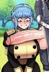 ai_generated fire_emblem fire_emblem:_three_houses forest garreg_mach_monastery_uniform huge_cock kneeling large_ass large_breasts looking_at_penis marianne_von_edmund nervous penis_on_breast yuri_leclerc
