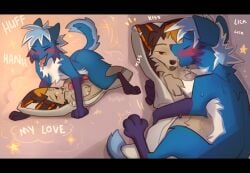 4_toes animal_genitalia animal_penis black_bars black_nose blue_body blue_fur blush bodily_fluids breath canid canine canine_genitalia canine_penis canis clicky coyote cum cum_on_pillow dakimakura dialogue drooling english_text feet feral fur genital_fluids genitals grinding hi_res hyilpi knot knotted_penis letterbox licking male mammal masturbation multicolored_body multicolored_fur multicolored_tail open_mouth paws penis pillow pillow_humping pink_penis pink_tongue quadruped saliva solo tail text toes tongue tongue_out two_tone_tail vi-bellum_(hyilpi) white_body white_fur