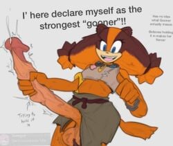 anthro badger balls big_balls big_penis blue_eyes bodily_fluids bottomwear bracelet brown_body brown_fur clothing crop_top dialogue fur genital_fluids genitals gynomorph huge_penis intersex jewelry lobsteragent12 mammal masturbation mustelid musteline necklace orange_body orange_fur penis precum sega shirt skirt smug_face solo sonic_boom sonic_the_hedgehog_(series) sticks_the_jungle_badger topwear vein veiny_balls veiny_penis