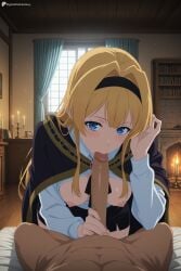 1boy 1girl adjusting_hair ai_generated bed blonde_hair blue_eyes blush bookshelf breasts breasts_out candle clothed_female_nude_male digitalwaifugallery erection fellatio hair_intakes hair_tucking hairband hetero hi_res high_quality high_resolution indoors lihanna_owenzaus long_hair looking_at_viewer medium_breasts nipples open_clothes open_shirt oral patreon penis pov seductive sexy shirt skirt solo_focus uncensored watermark white_shirt