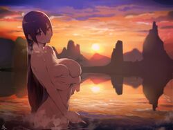 absurdres bangs bathing blinkblink_art blush breast_hold breasts brown_hair collarbone fate/grand_order fate_(series) female gradient_sky hair_between_eyes highres lake large_breasts long_hair looking_at_viewer mountainous_horizon navel nude orange_sky purple_eyes purple_sky sky solo sunset wet xuangzang_sanzang_(fate) xuanzang_(fate)