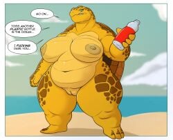 angry anthro belly ben300 beverage_bottle big_breasts bottle breasts container curvy_figure dialogue eyelashes female front_view genitals green_eyes hi_res huge_breasts nude nude_female overweight overweight_anthro overweight_female plastic_bottle plump_labia reptile scales scalie sea_turtle shell soda_bottle solo speech_bubble thick_thighs turtle vulva yellow_body yellow_scales