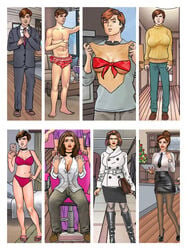 business_attire fake_breasts feminization fraylim gender_transformation high_heels lipstick makeover makeup male_to_female miniskirt multiple_panels sequence transformation