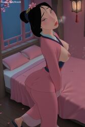 1girl ai_generated black_hair blush breasts breasts_outside disney fa_mulan flower hair_ornament hi_res high_quality high_resolution japanese_clothes kimono medium_breasts nipples patreon seductive sexy solo spicytoonai uncensored watermark