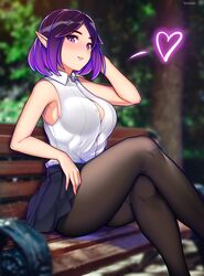 1girls artist_name bench breasts elf elf_ears eye_contact female female_only gradient_hair heart hi-rez_studios ikkimay leggings light-skinned_female light_skin looking_at_viewer multicolored_hair open_shirt outdoors outside paladins pantyhose pleated_skirt pointy_ears purple_eyes purple_hair short_hair sitting skirt skye_(paladins) sleeveless sleeveless_shirt smile smiling smiling_at_viewer solo solo_female thighs white_shirt