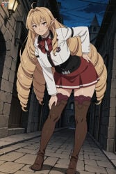 1boy absurdres adult ai_assisted ai_generated alley alleyway bent_over big_breasts breasts elinalise_dragonroad female hand_on_knee heeven highres leaning_forward male mature mushoku_tensei mushoku_tensei:_isekai_ittara_honki_dasu patreon patreon_username perfect_body uncensored