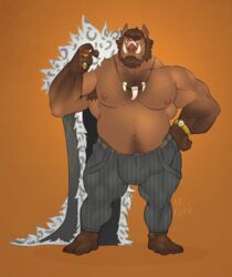 2017 5_fingers 5_toes anthro arm_hair armpit_hair balls_outline bara beard big_bulge big_muscles body_hair bottomwear broody brown_body brown_fur brown_hair bulge cape chest_hair clock clothed clothing eyebrows facial_hair feet fingers fur genital_outline hair hairy hand_on_hip happy_trail hi_res huge_bulge humanoid_feet humanoid_hands jewelry kazushi leg_hair looking_at_viewer male male_only mammal musclegut muscular muscular_anthro muscular_male necklace nipples pants penis_outline pink_nipples pink_nose plantigrade red_eyes ring simple_background solo solo_male standing suid suina sus_(pig) thick_eyebrows tight_clothing toes topless tusks watch wild_boar wristwatch