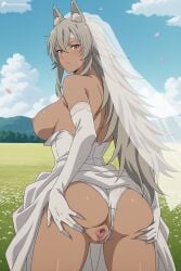 1girl ai_generated animal_ear_fluff animal_ears anus ass ass_grab back bare_shoulders bleach blue_sky blush breasts bridal_veil closed_mouth clothes_lift clothes_pull clothing_aside cloud crossed_bangs dark-skinned_female dark_skin day digitalwaifugallery dress dress_lift dress_pull elbow_gloves from_behind ghislaine_dedoldia gloves grabbing_own_ass grey_hair hair_between_eyes hands_on_own_ass hi_res high_quality high_resolution large_breasts long_hair looking_at_viewer looking_back mosaic_censoring nipples outdoors panties panties_aside patreon petals presenting pussy red_eyes scar scar_on_cheek scar_on_face seductive sexy sky solo spread_ass spread_pussy standing uncensored underwear veil watermark wedding_dress white_dress white_gloves white_panties