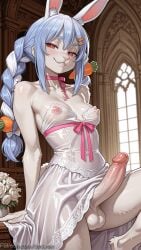 1girl ai_generated animal_ear_fluff animal_ears animal_penis bangs bare_shoulders biting blue_hair blush bow braid breasts carrot_hair_ornament choker collarbone covered_nipples decurse dress erection flower food-themed_hair_ornament furry futanari grin hair_bow hair_ornament hololive indoors long_hair looking_at_viewer medium_breasts multicolored_hair nipples patreon_username penis rabbit_ears rabbit_girl red_eyes ribbon rose see-through short_eyebrows smile solo testicles thick_eyebrows twin_braids two-tone_hair uncensored usada_pekora veins virtual_youtuber watermark white_dress white_flower white_hair white_rose window