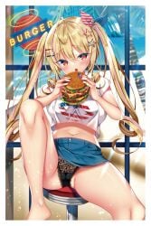 1girl ahoge american_flag american_flag_print bare_legs barefoot black_panties blonde_hair blue_skirt blue_sky blush border breasts burger cheese crop_top cropped_shirt day fast_food fingernails flag_print food gradient_eyes hair_between_eyes hair_ornament hairclip highres holding holding_food knee_up lace lace-trimmed_panties lace_panties lace_trim lettuce long_fingernails long_hair looking_at_viewer medium_breasts miniskirt multicolored_eyes nae-nae nail_polish navel orange_eyes original palm_tree panties red_nails shiny_skin shirt short_sleeves sidelocks sitting skirt sky solo spread_legs star_(symbol) star_hair_ornament stomach tomato tree twintails underwear very_long_hair white_border white_shirt