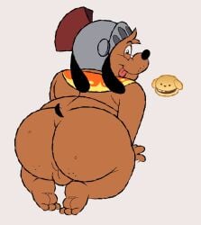 anthro anus armor backsack balls brown_body brown_fur burger butt butternutworm canid canine canis domestic_dog food fur genitals headgear headgear_only helmet helmet_only kneeling male mammal mostly_nude perineum presenting presenting_anus puppy_guard russell_(puppy_guard) smile solo