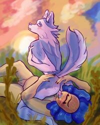 4:5 absurd_res anthro blush canid canine canis cunnilingus domestic_dog ejaculation female female/female flower flustered glimpseofbeach hi_res husky mammal nordic_sled_dog oral outside outside_sex plant sex spitz vaginal