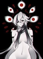 arlecchino_(genshin_impact) arms_over_chest big_breasts black_hair busty charlie_purrito covering_breasts eyes genshin_impact thick_thighs white_hair wide_thighs