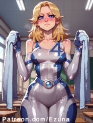ai_generated big_ass big_breasts big_butt big_thighs blonde_hair blue_bodysuit blue_eyes blush bodysuit ezuna huge_ass huge_breasts huge_butt huge_thighs invisible_woman invisible_woman_(marvel_rivals) marvel_comics marvel_rivals sue_storm sweat sweatdrop wanuze wide_hips