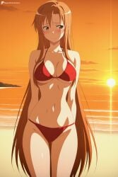 1girl ai_generated arms_behind_back ass_visible_through_thighs bare_shoulders beach bikini blush breasts brown_eyes brown_hair cleavage closed_mouth collarbone cowboy_shot digitalwaifugallery groin hi_res high_quality high_resolution large_breasts long_hair looking_to_the_side medium_breasts navel ocean outdoors patreon red_bikini seductive sexy sky solo standing sun sunset swimsuit sword_art_online thigh_gap uncensored underboob very_long_hair water watermark yuuki_asuna