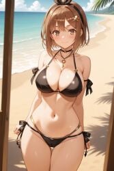 1girl ai_generated arm_strap arms_behind_back ass_visible_through_thighs atelier_(series) atelier_ryza bare_shoulders beach bikini black_bikini black_choker black_hairband black_ribbon blue_sky blush bow_hairband breasts brown_eyes brown_hair cameltoe choker cleavage closed_mouth cloud collarbone cowboy_shot day groin hair_ornament hair_ribbon hairband hairclip halterneck jewelry key key_necklace large_breasts looking_at_viewer navel necklace ocean outdoors pixiv reisalin_stout rena_aikawa_(pixiv_user) ribbon sand shore short_hair side-tie_bikini_bottom skindentation sky smile solo stable_diffusion standing stomach string_bikini swimsuit thigh_gap thighs water wide_hips