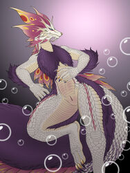 2021 animal_genitalia anthro biped blue_eyes bubble capcom chest_tuft claws digital_media_(artwork) digitigrade finger_claws fluffy fluffy_tail fur genital_slit genitals gradient_background hi_res leviathan_(mh) male mizutsune monster_hunter pink_background pink_body pink_scales pupils purple_body purple_fur scales simple_background slit slit_pupils solo standing tan_body tan_scales the-crowfox_(artist) toe_claws tuft video_games white_body white_scales