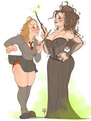 2girls age_difference ass bellatrix_lestrange big_ass big_breasts blush breasts cleavage female female_only harry_potter hermione_granger magic nipple_bulge panties skirt_lift tomphelippe wand