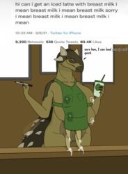 absurd_res ankylosaurian ankylosaurid ankylosaurus anthro big_breasts bodily_fluids breasts clothing dinosaur female genitals hi_res horn huge_breasts iced_latte_with_breast_milk lactating looking_at_viewer meme nipples non-mammal_breasts nude ornithischian quad_breasts reptile scalie smile solo spikes starbucks teats text thegamingzilla thyreophoran udders