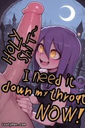 1boy ai_generated bare_shoulders blush crescent_moon crop_top english_text erection femboy gay hair_between_eyes huge_penis imminent_fellatio large_penis long_hair looking_at_penis lustyren male_only moon night open_mouth outdoors penis penis_awe purple_hair ringed_eyes size_difference smile solo_focus trap uncensored veins veiny_penis yaoi yellow_eyes