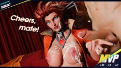 1boy 1girls 3d blue_eyes breasts british_female cum cum_on_breasts cum_on_face elsa_bloodstone elsa_bloodstone_(marvel_rivals) english_text exposed_breasts female female_focus game_mechanics lycorsins marvel marvel_rivals nipples penis red_hair_female
