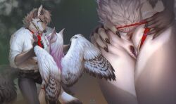 2026 anthro anus biped bottomwear butt canid canine canis claws clothed clothed_anthro clothed_female clothed_male clothing digital_drawing_(artwork) digital_media_(artwork) duo feathers female fingers fox front_view fully_clothed fully_clothed_anthro fully_clothed_male fur genitals hair hi_res lanhai male mammal rear_view sitting smile standing tail teeth topwear vulva wings wolf