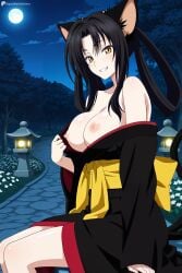 1girl ai_generated animal_ears bare_shoulders black_hair black_kimono blush breasts cat_ears cat_girl cat_tail digitalwaifugallery full_moon grin hair_rings hi_res high_quality high_resolution japanese_clothes kimono kuroka_(high_school_dxd) large_breasts long_hair looking_at_viewer makeup moon multiple_tails night night_sky nipples obi off_shoulder outdoors patreon sash seductive sexy sitting sky slit_pupils smile solo tail uncensored undressing watermark yellow_eyes