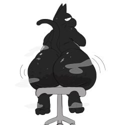 anthro big_butt black_body bodily_fluids butt chair domestic_cat felid feline felis furniture hi_res looking_back male mammal musk musky_butt office_chair petbasilisk solo sweat wobble