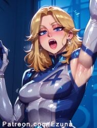 ai_generated armpits big_ass big_breasts big_butt big_thighs blonde_hair blue_bodysuit blue_eyes blush bodysuit ezuna huge_ass huge_breasts huge_butt huge_thighs invisible_woman invisible_woman_(marvel_rivals) marvel_comics marvel_rivals sue_storm wanuze wide_hips