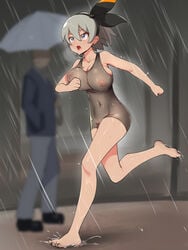 1girls bea_(pokemon) blush breasts curvaceous exhibitionism feet female high_resolution nintendo nipples nishamon open_mouth outdoors pokemon pokemon_ss rain running toes very_high_resolution