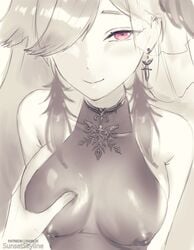 bangs breast_grab breasts dress earrings feather_earrings feathers female grabbing highres hololive hololive_english hololive_myth jewelry long_hair looking_at_viewer looking_up monochrome nipples official_alternate_costume purple_eyes smile sunset_skyline sunsetskyline takanashi_kiara virtual_youtuber white_background