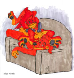 2004 animal_genitalia animal_penis anthro bandai_namco black_penis canid canine canine_genitalia canine_penis canis demi-glenn digimon digimon_(species) domestic_dog duo erection eyewear furniture gazimon genitals glasses glenn glenn_(character) humanoid_genitalia humanoid_penis knot knotted_penis looking_at_viewer lying male mammal nude on_back pawpads penis reclining smile sofa spread_legs spreading