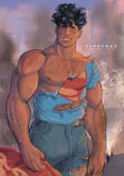 arms bare_shoulders battle_damage beautiful beautiful_eyes beautiful_male biceps black_hair blue_eyes brown_skin brown_skinned_male buff buff_male bulge clark_kent dark_skin dark_skinned_male dc dc_comics fitmarshmellow hairy_abs hairy_arms hairy_chest happy jeans kal-el male male_only muscular muscular_male nipples pecs perfect_body ripped_clothing ripped_shirt saving_the_day sfw shoulders solo solo_male superhero superman superman_(clark_kent) superman_(series) torn_clothes torn_clothing