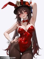 1girl :q ai_generated alternate_breast_size alternate_costume animal_ears arm_behind_head arm_up armpits ass_visible_through_thighs bare_arms bare_shoulders black_headwear black_nails black_pantyhose blush bow bowtie breasts brown_hair brown_pantyhose cleavage closed_mouth contrapposto covered_navel cowboy_shot detached_collar fake_animal_ears fake_tail flower flower-shaped_pupils genshin_impact hair_between_eyes hand_on_own_hip hat hat_flower hat_tassel highleg highleg_leotard hu_tao_(genshin_impact) large_breasts leotard licking_lips long_hair looking_at_viewer medium_breasts mihoyo multicolored_hair nail_polish pantyhose playboy_bunny plum_blossoms porkpie_hat rabbit_ears rabbit_tail red_bow red_bowtie red_eyes red_flower red_leotard simple_background smile solo strapless strapless_leotard symbol-shaped_pupils tail tassel thigh_gap thighs tongue tongue_out twintails very_long_hair white_background white_wrist_cuffs wrist_cuffs