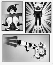 1boy 1girls briefers_rock censored comic crossover gun_fucking huge_breasts huge_cock luluco monochrome neoshocker03 nipples panty_&_stocking_with_garterbelt penis short_hair space_patrol_luluco studio_trigger transformation