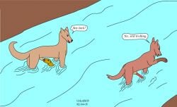 1982 animal_genitalia brown_body brown_fur canid canine colored dated dialogue feral feral_penetrated fur genitals group male male/male mammal mustelid oral otter partially_submerged penetration penis penis_in_mouth red_penis river sheath speech_bubble standing_in_water tail talking_to_another toony trio urbanhermit water