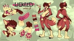 absurd_res anthro athletic athletic_anthro balls biped canid canine canis claws fangs feet fingers fluffy fluffy_tail front_view genitals hi_res knot liekeed_(character) male mammal marriouss model_sheet navel nude_anthro open_mouth pawpads paws penis pink_eyes rear_view red_body slim_anthro solo tail teeth toes toony wolf