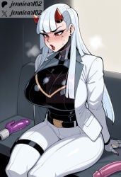 1girl ai_generated belt blunt_bangs blush bodysuit breasts clothing couch cyberpunk cyborg demon_girl dildo earrings female formal gloves helltaker horns jacket jennieart02 jewelry large_breasts lips lipstick long_hair looking_down makeup mechanical_parts mole mole_under_eye omnic oni open_clothes open_jacket overwatch overwatch_2 pants patreon_username red_eyes red_horns red_lips red_nails sex_toy shion_(overwatch) sitting solo suit sweat thick_thighs thigh_strap thighs vibrator white_hair white_pants white_suit