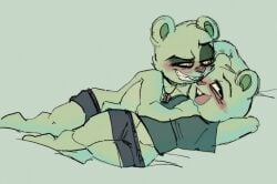2026 2boys agtartzz anthro anthro_on_anthro anthro_only bear bear_ears bed blush blushing buckteeth clothes clothing color colored digital_drawing_(artwork) digital_media_(artwork) dog_tags duo flippy_(htf) fliqpy furry furry_male furry_only gay gay_male green_body green_fur half-dressed half_naked happy_tree_friends laying_down laying_on_bed laying_on_side lying_down lying_on_bed lying_on_side male male/male male_anthro male_only mammal mondo_media on_bed selfcest sharp_teeth shirt short_shorts shorts simple_background smile smiling t-shirt ursid ursine yellow_eyes