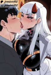 1boy 1girl ai_generated belt black_hair blunt_bangs blush bodysuit breast_press breasts closed_eyes clothing demon_girl earrings female formal french_kiss hetero horns jacket jennieart02 jewelry kiss large_breasts long_hair looking_at_another makeup male omnic overwatch overwatch_2 patreon_username red_eyes red_horns saliva shion_(overwatch) short_hair suit sweat tongue tongue_out web_address white_hair