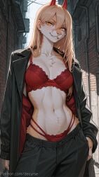 1girl ai_generated alley black_pants blonde_hair bra breasts chainsaw_man cross-shaped_pupils decurse fangs furry furry_female hair_between_eyes horns jacket long_hair looking_at_viewer medium_breasts navel open_clothes outdoors panties pants power_(chainsaw_man) red_bra red_horns red_panties sharp_teeth smile solo teeth underwear
