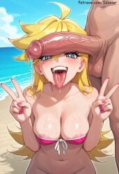 1boy 1girl ahoge ai_generated bangs beach bikini blonde_hair blue_eyes blue_sky blush bottomless breasts cleavage collarbone cum cum_on_body dark-skinned_male dark_skin day double_v erection hetero iduniar large_breasts large_penis long_hair looking_at_viewer nail_polish navel ocean open_mouth outdoors panty_&_stocking_with_garterbelt panty_anarchy penis penis_on_face pink_bikini pink_nails saliva sky smile solo_focus sweat swimsuit teeth testicles tongue tongue_out uncensored v veins veiny_penis water