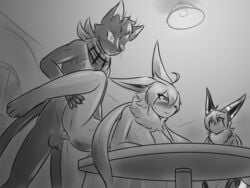 anthro balls bandana being_watched blush breasts ceiling_lights domestic_cat duo eeveelution felid feline felis female flareon flustered furniture genitals greyscale hand_on_leg hi_res hybrid jolteon joslyn_fumei k'_fumei kerchief looking_at_another male male/female mammal monochrome neck_tuft nintendo on_table penetration penis pokémon_(species) pokemon pussy raised_leg sil_blackmon smile table tetsushi tuft umbreon vaginal_penetration vaginal_penetration video_games window