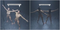 1boy 1girls 3d back_tattoo back_view bastila_shan completely_nude daz_studio female front_and_back knights_of_the_old_republic_(series) male nude o97t5s raining revan speech_bubble tattoo