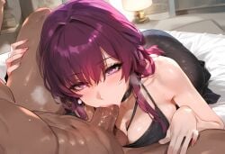 1boy 1girl ai_generated dark-skinned_male dark_skin deepthroat dress fellatio honkai:_star_rail huge_ass huge_breasts kafka_(honkai:_star_rail) thick_thighs youmuu