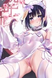1girl animal_ears ass_visible_through_thighs black_hair blue_eyes blurry blurry_background blurry_foreground branch cameltoe cat_ears cat_girl cat_tail covered_navel depth_of_field detached_sleeves dress flower from_below futaba_miwa heart heart-shaped_pupils highres juliet_sleeves long_sleeves looking_at_viewer looking_down ofuda original panties pink_flower pink_panties puffy_sleeves purple_ribbon ribbon round_window sleeveless sleeveless_dress sleeves_past_fingers sleeves_past_wrists solo symbol-shaped_pupils tail tail_raised thighhighs underwear white_dress white_sleeves white_thighhighs window