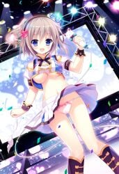1girl :d absurdres black_hairband blue_eyes blush bow bow_panties braid breasts cameltoe cat_hair_ornament crop_top dutch_angle feet_out_of_frame floating_hair from_below grey_hair hair_between_eyes hair_ornament hairband head_tilt highres holding holding_microphone idol looking_at_viewer medium_breasts melonbooks microphone midriff miniskirt navel one_side_up open_mouth original panties pink_panties pleated_skirt shiwasu_horio short_hair single_braid skirt smile solo stage standing stomach underboob underwear white_skirt wrist_cuffs