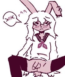 anthro anus asian_clothing blush bodily_fluids brown_body brown_fur charawingd clothing east_asian_clothing eye_bags femboy flaccid fur genitals hair imminent_sex japanese_clothing japanese_school_uniform kaomoji kemono lagomorph legwear leporid long_hair low_res male mammal monochrome penis piercing rabbit school_uniform serafuku solo speech_bubble sweat sweatdrop thigh_highs uniform white_hair