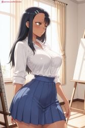 1girl ai_generated black_hair blue_skirt blush breasts brown_eyes dark_skin hair_ornament hairclip hayase_nagatoro hi_res high_quality high_resolution indoors kiraamane large_breasts long_hair nail_polish patreon pleated_skirt red_nails school_uniform seductive sexy shirt skirt solo uncensored watermark white_shirt window